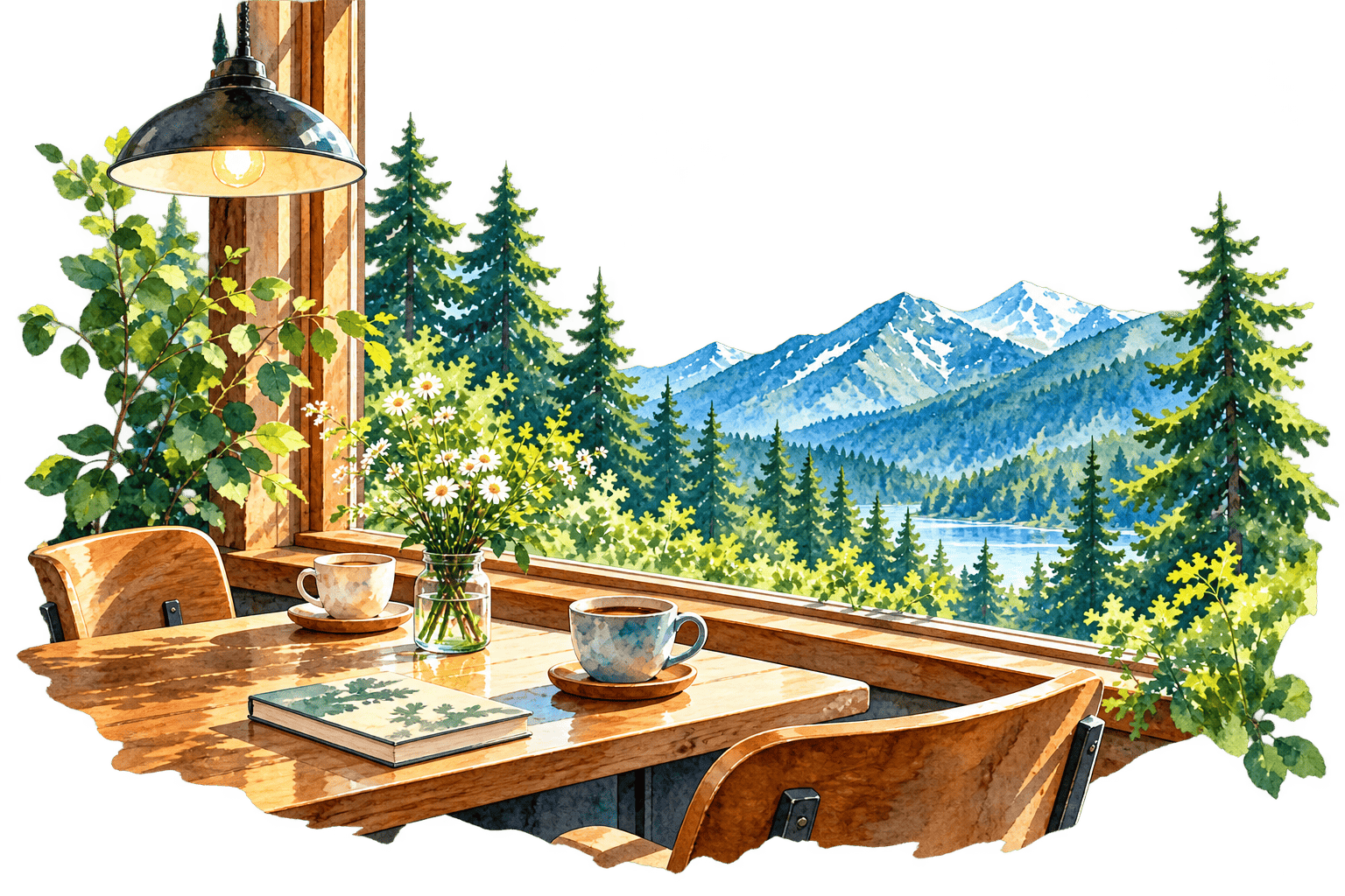 山と森の景色を眺めるカフェの窓辺