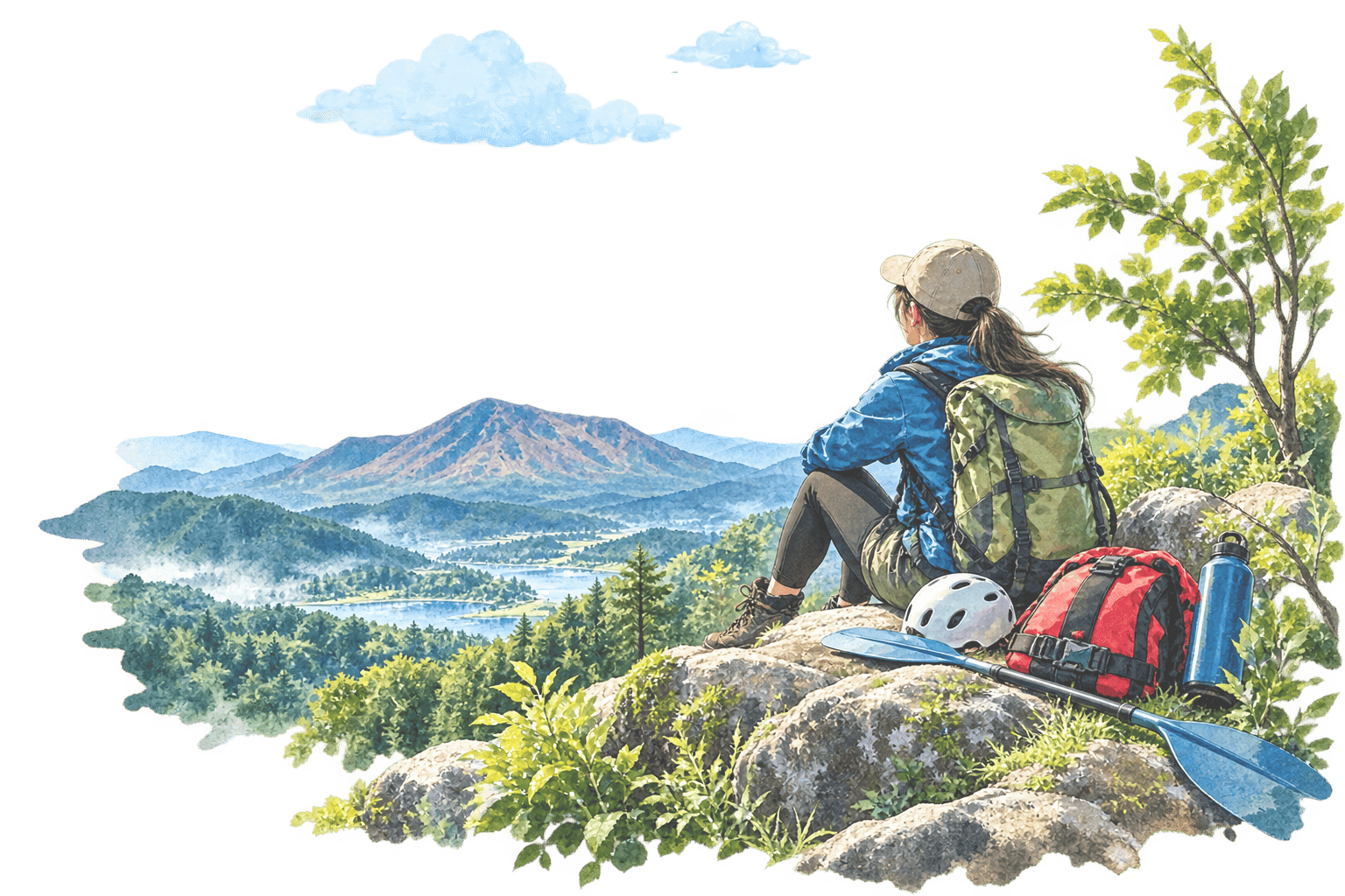 山々を見渡しながらひと休みする登山者