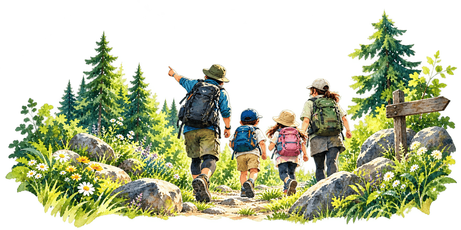 リュックを背負い、花や木々に囲まれた山道を歩く家族